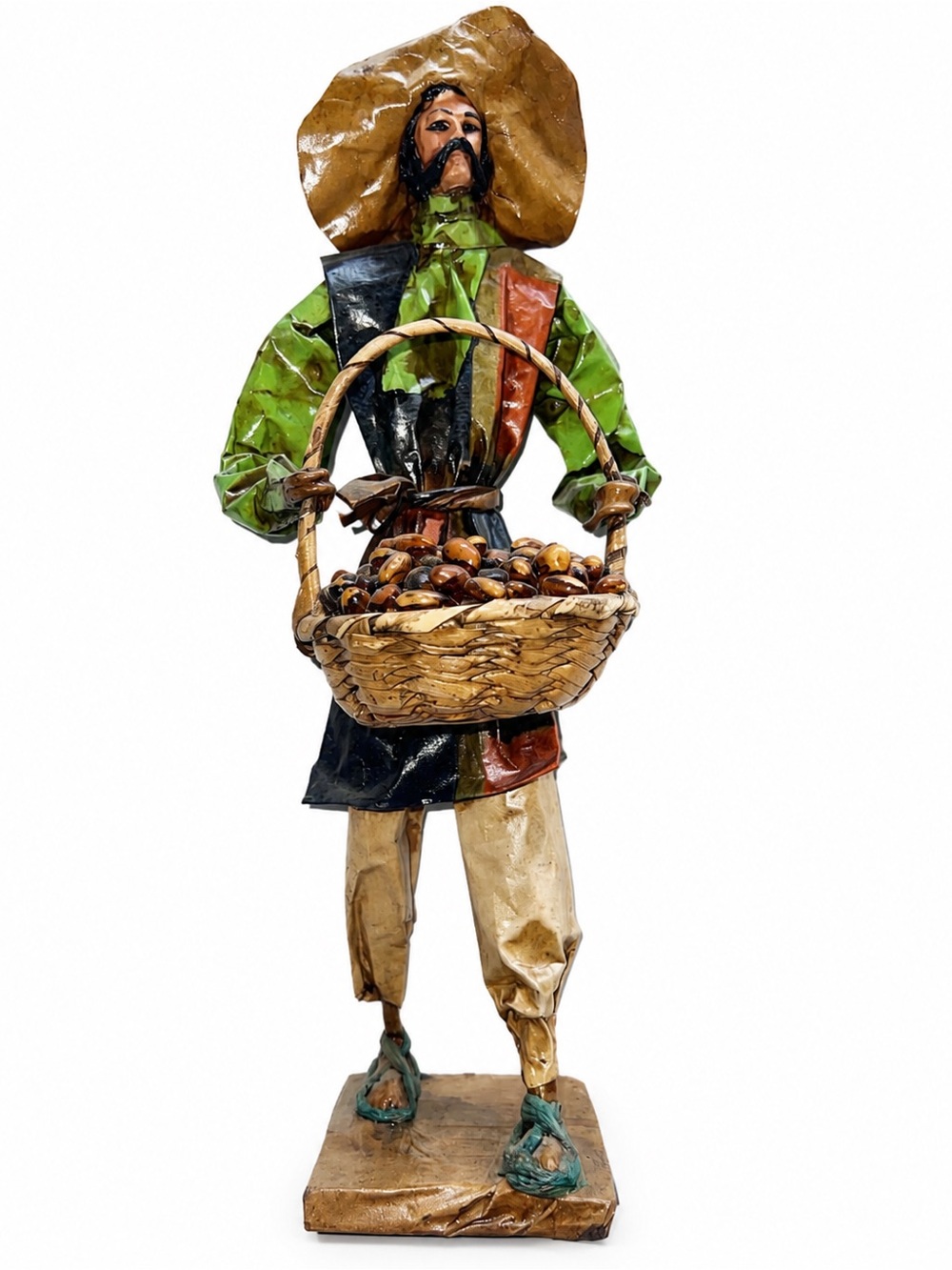 Mexican Paper Mache Green & Tan Basket Vendor Sculpture -